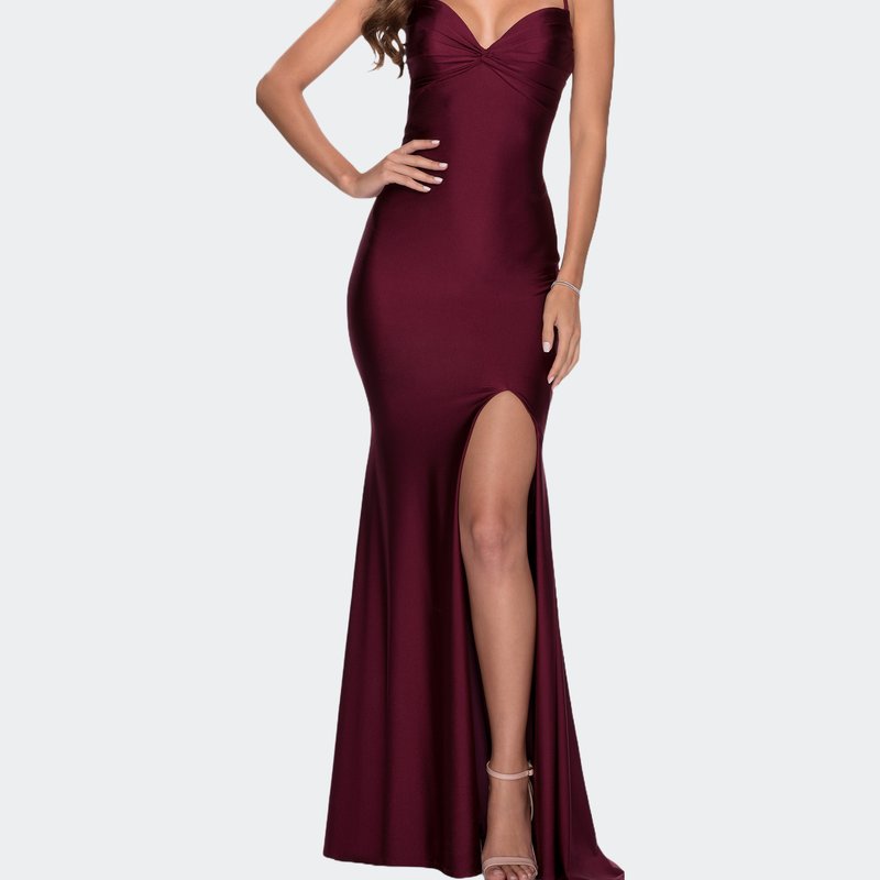 La Femme Form Fitting Dress With Ruched Bow Bodice In Dark Berry