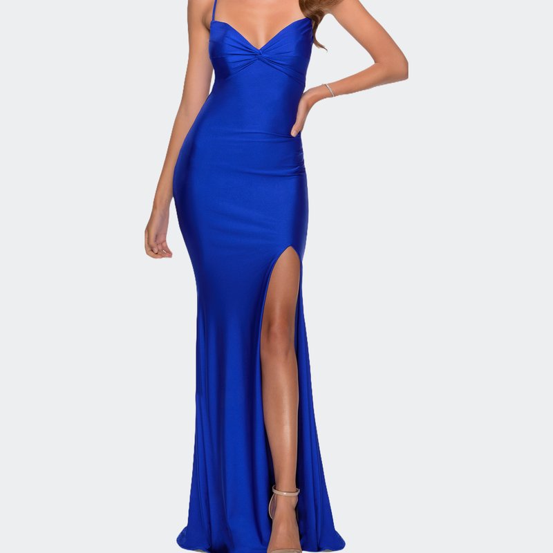 La Femme Form Fitting Dress With Ruched Bow Bodice In Royal Blue