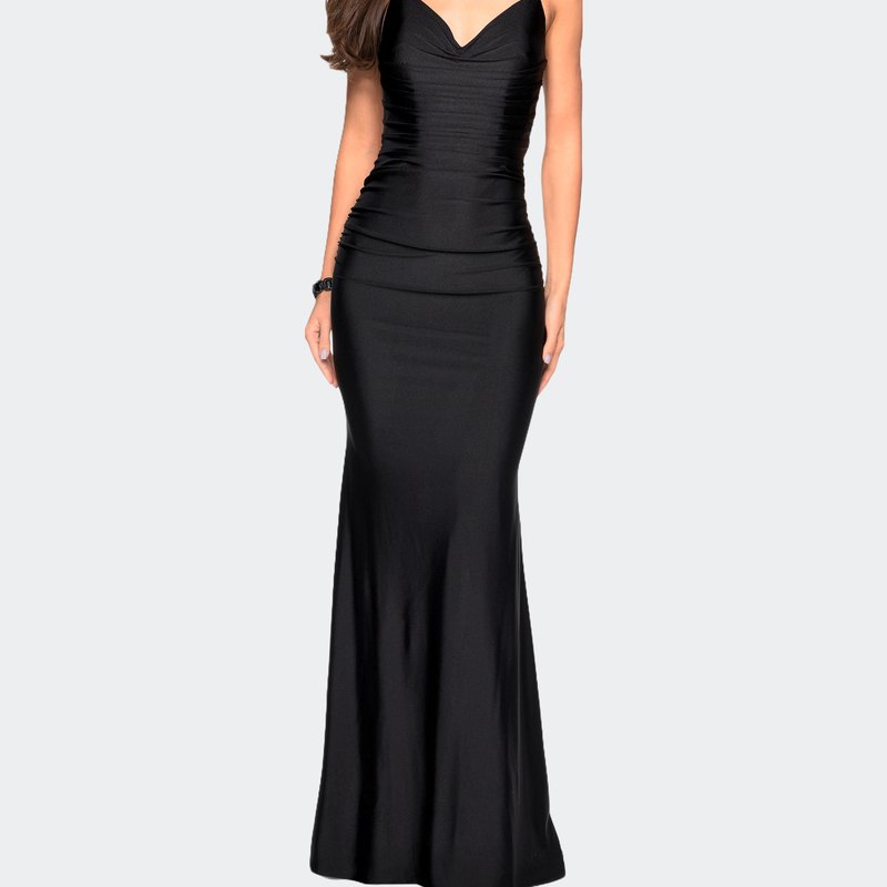 La Femme Form Fitting Jersey Dress With Ruching And Strappy Back In Black