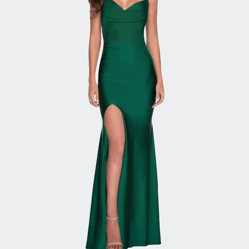 La Femme Form Fitting Jersey Prom Dress With Draped Neckline In Emerald