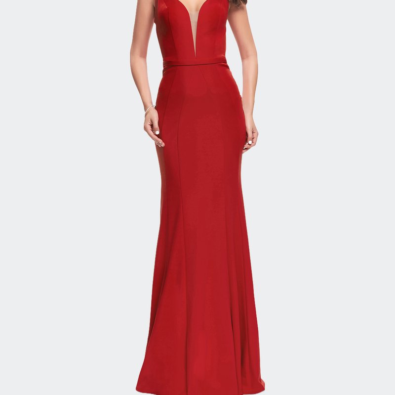 La Femme Form Fitting Mermaid Prom Dress With Plunging Neckline In Red