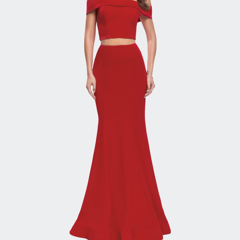 La Femme Form Fitting Off The Shoulder Jersey Mermaid Dress In Red