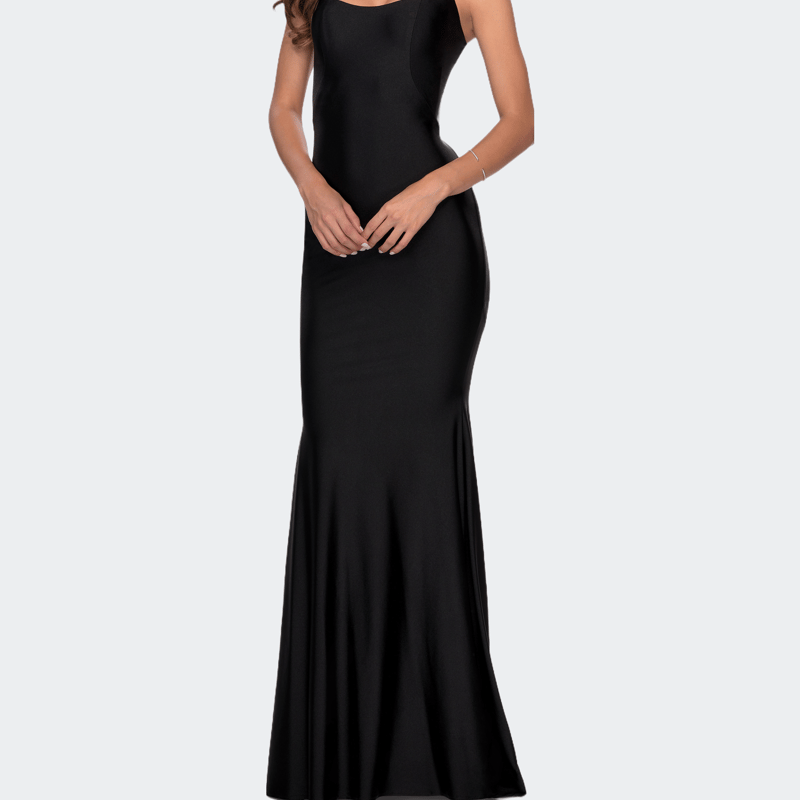 Shop La Femme Form Fitting Prom Dress With Dramatic Lace Up Back In Black