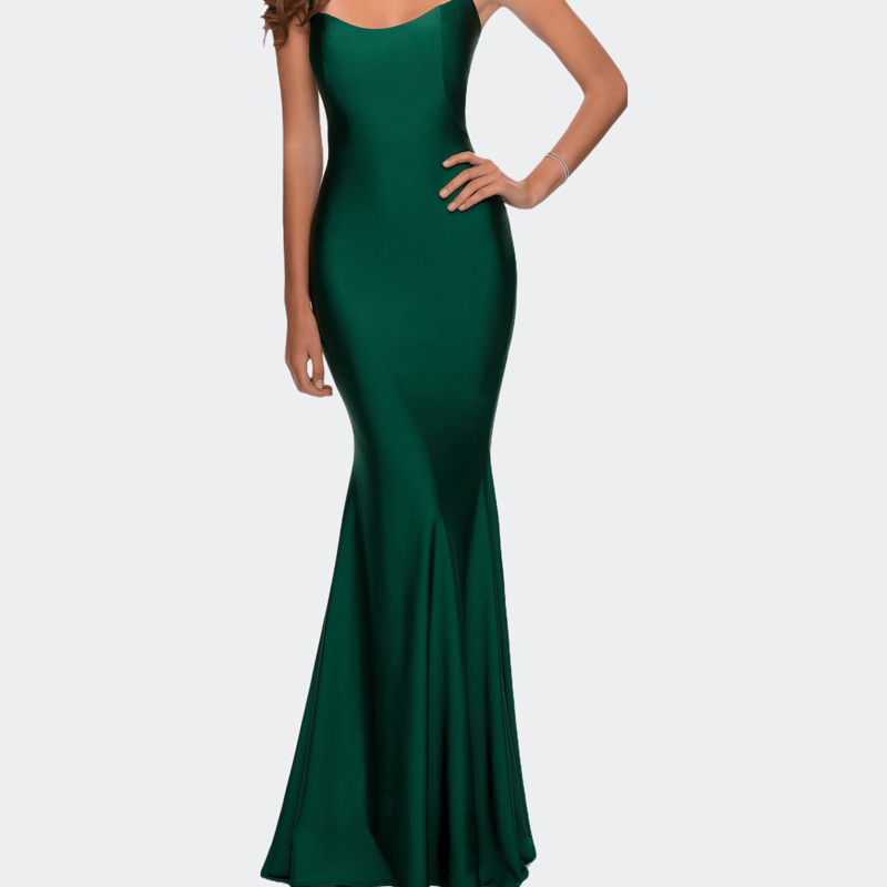 La Femme Form Fitting Prom Dress With Dramatic Lace Up Back In Emerald