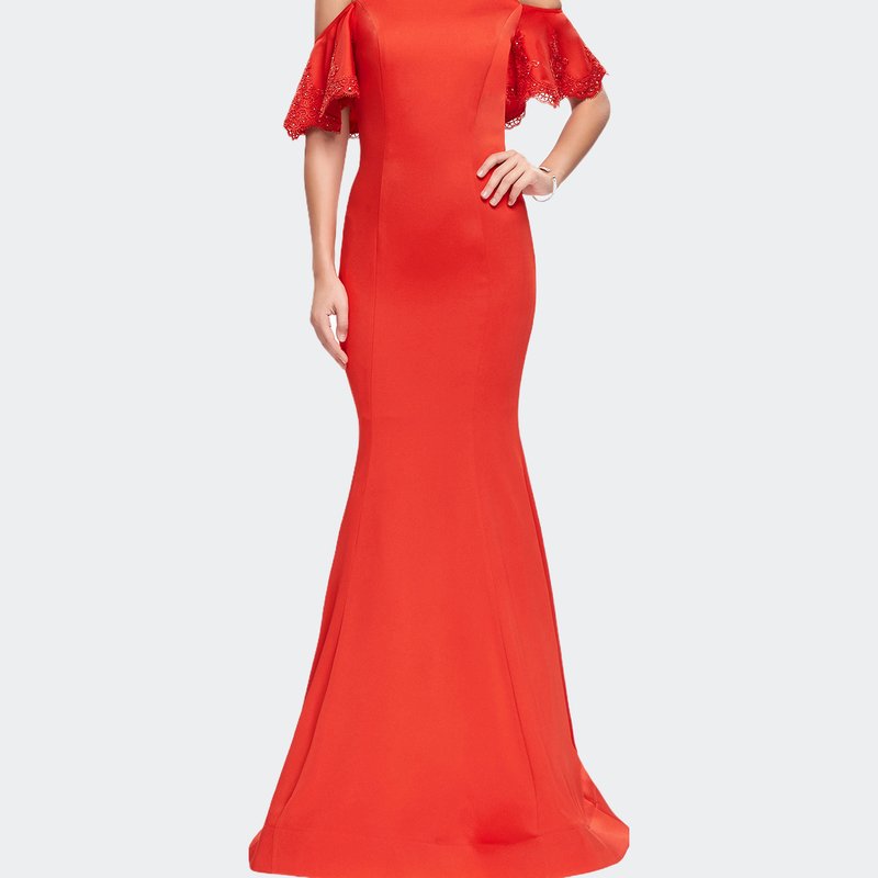 La Femme Form Fitting Satin Mermaid Dress With Shoulder Cutouts In Red