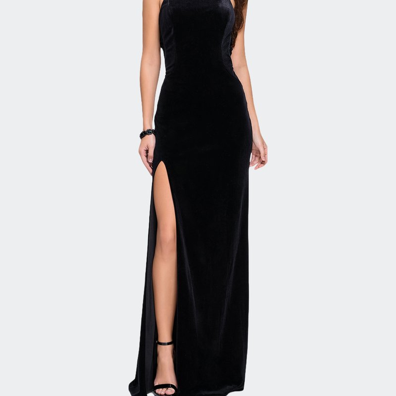 La Femme Form Fitting Velvet Prom Dress With High Neckline In Black