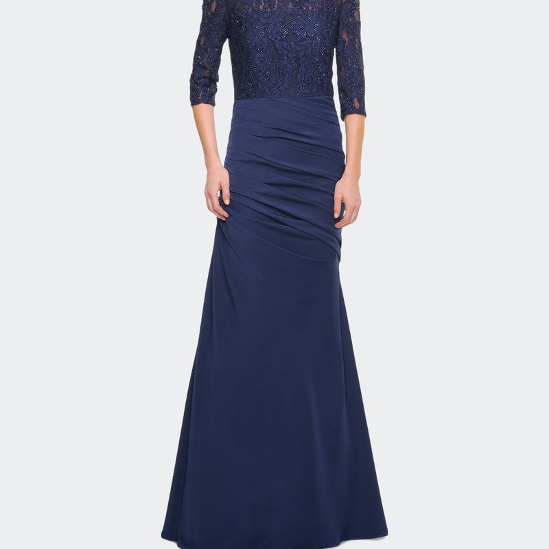 La Femme Gathered Mermaid Satin Gown With Lace Top In Navy