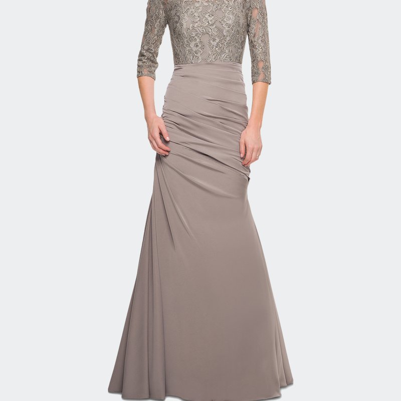 La Femme Gathered Mermaid Satin Gown With Lace Top In Platinum
