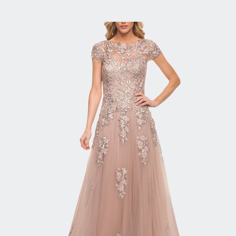 La Femme Gorgeous Lace And Tulle Gown In Brown