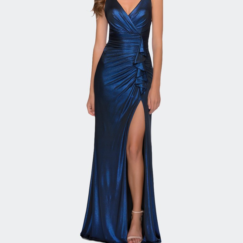 Shop La Femme Gorgeous Metallic Jersey Gown With Ruffle Detail In Blue