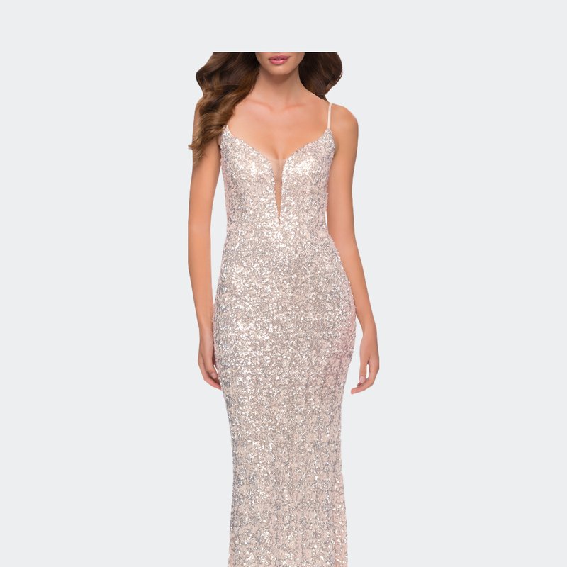 La Femme Gorgeous Sequin Dress With V Neck And Open Back In White