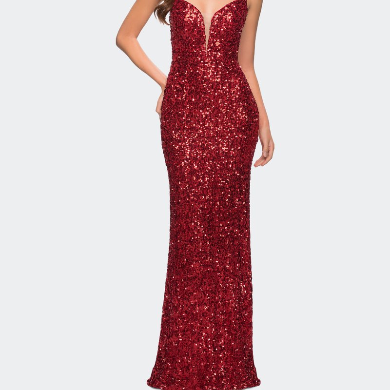 La Femme Gorgeous Sequin Dress With V Neck And Open Back In Red