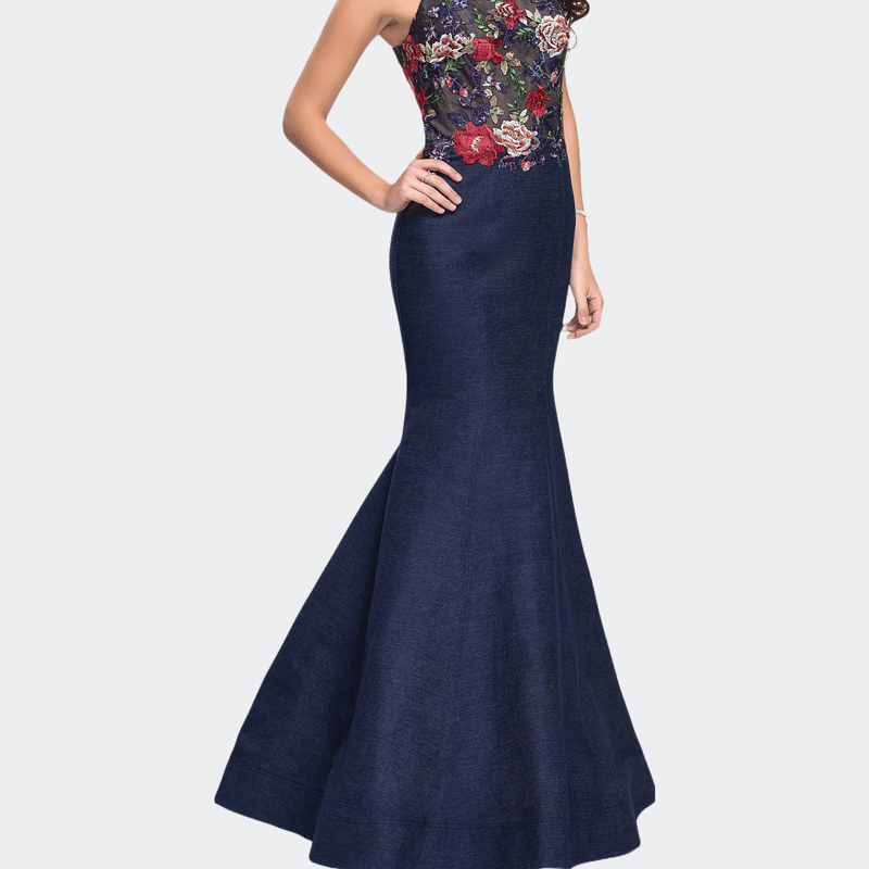 La Femme High Neck Denim Mermaid Gown With Floral Print In Blue