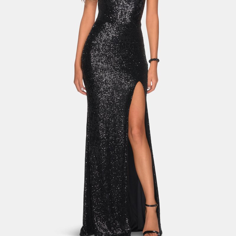 Shop La Femme High Neck Sequin Gown With Open Back And Slit In Black