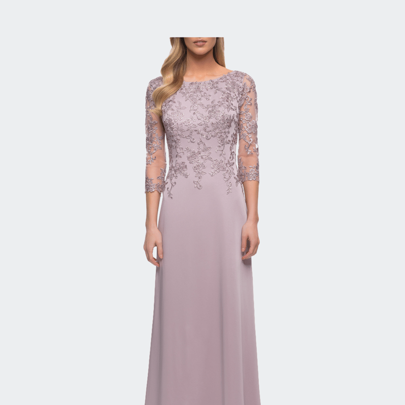 La Femme Jersey Gown With Boat Neckline And Lace Detailing In Light Mauve