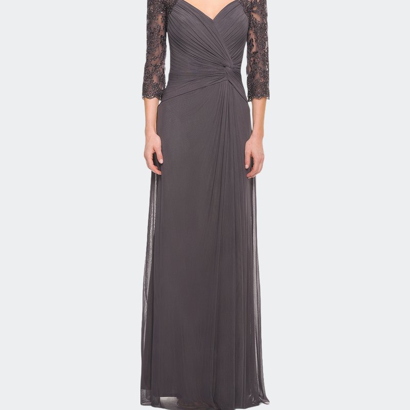 La Femme Jersey Gown With Knot Detail And Lace Sleeves In Gunmetal
