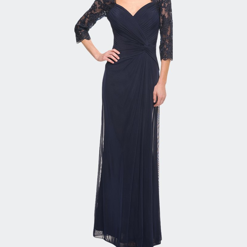 La Femme Jersey Gown With Knot Detail And Lace Sleeves In Navy
