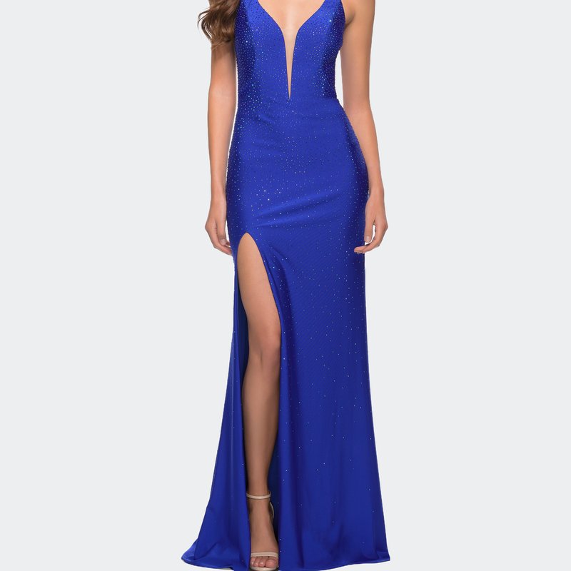 La Femme Jersey Gown With Rhinestones And Deep V Neckline In Blue