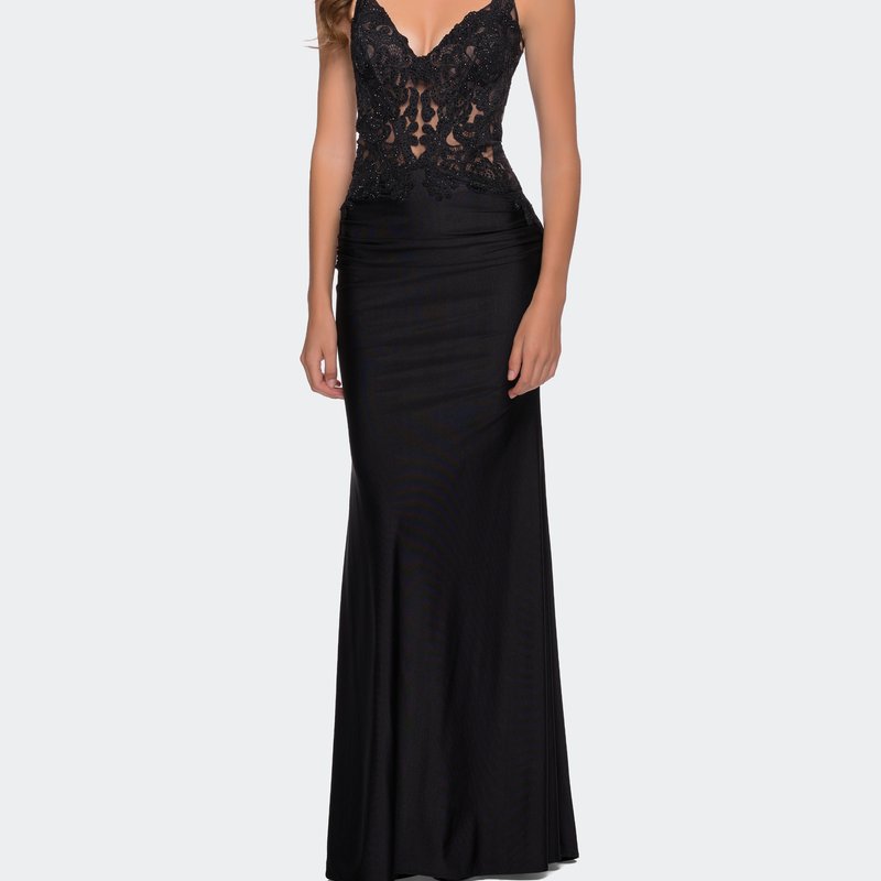 Shop La Femme Jersey Gown With Sheer Lace Bodice And Ruching In Black
