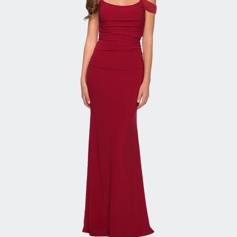 La Femme Jersey Long Dress With Ruching And Open Back In Red