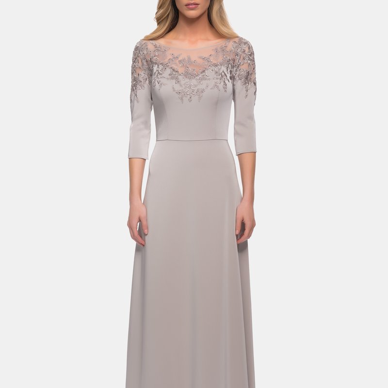 La Femme Jersey Mother Of The Bride Gown With Lace Neckline In Silver