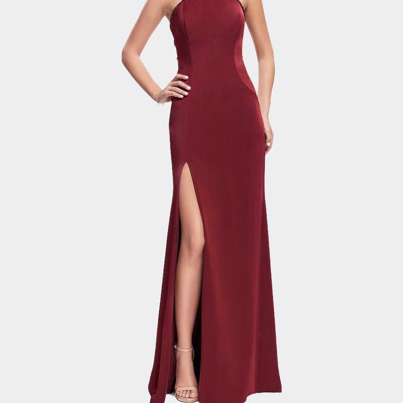 La Femme Jersey Prom Dress With Beaded Straps And High Neckline In Red