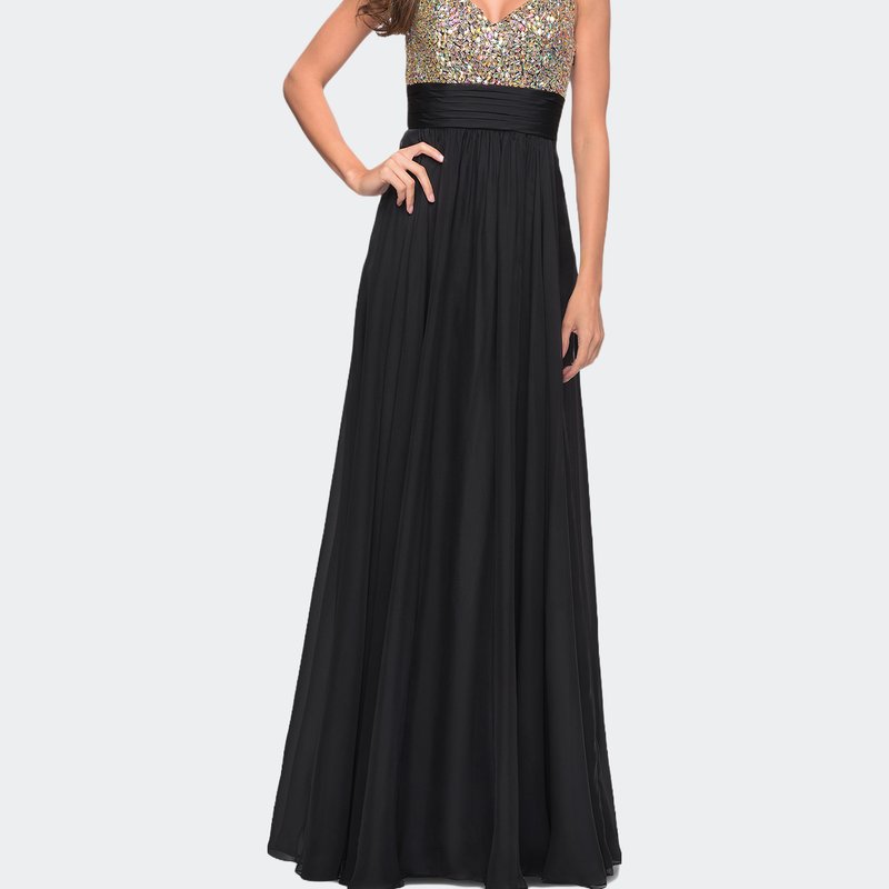 La Femme Jewel Encrusted Prom Gown With A-line Skirt In Black