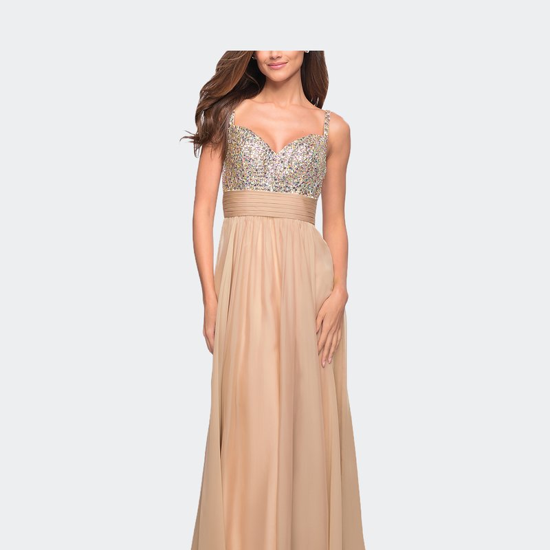 La Femme Jewel Encrusted Prom Gown With A-line Skirt In Brown