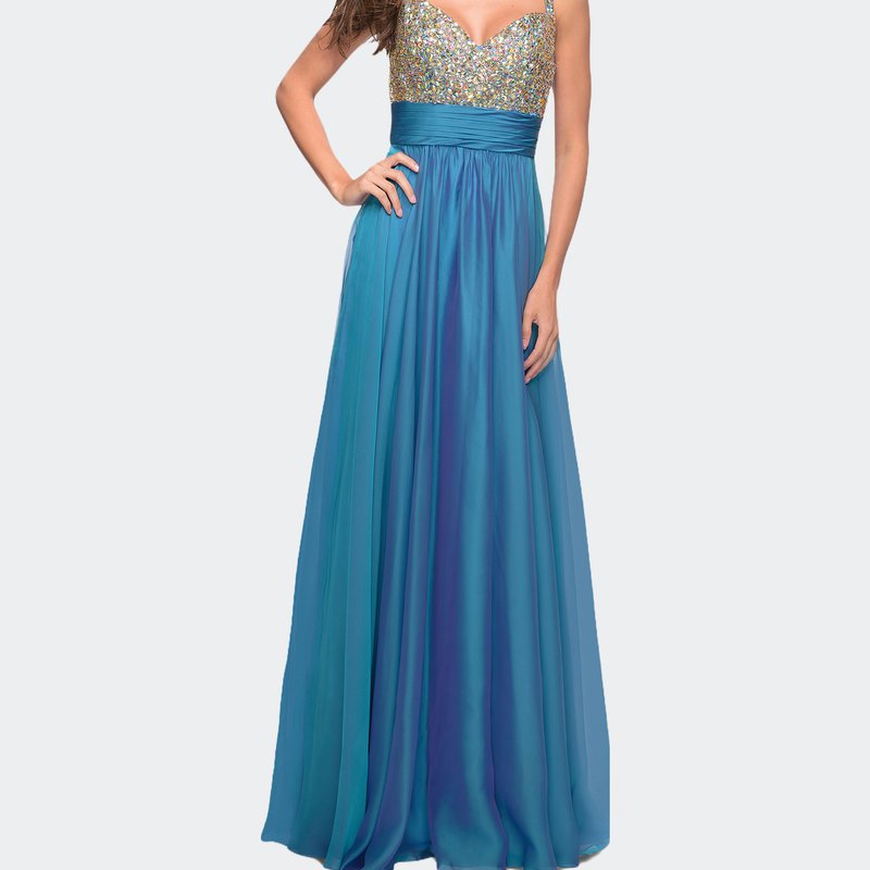 La Femme Jewel Encrusted Prom Gown With A-line Skirt In Blue