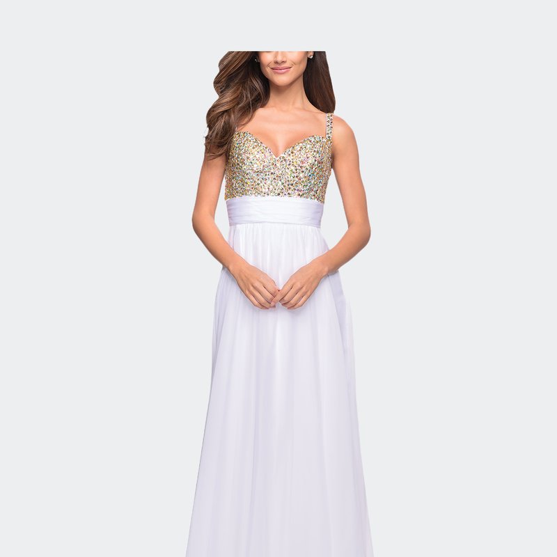 La Femme Jewel Encrusted Prom Gown With A-line Skirt In White