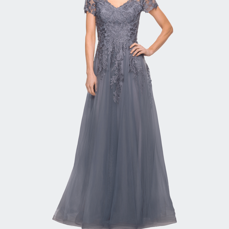 Shop La Femme Lace And Tulle A-line Evening Gown With Cap Sleeve In Grey
