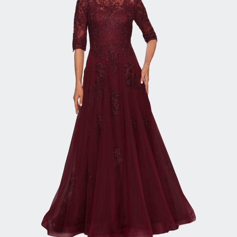 La Femme Lace And Tulle A-line Gown With Three Quarter Sleeves In Burgundy