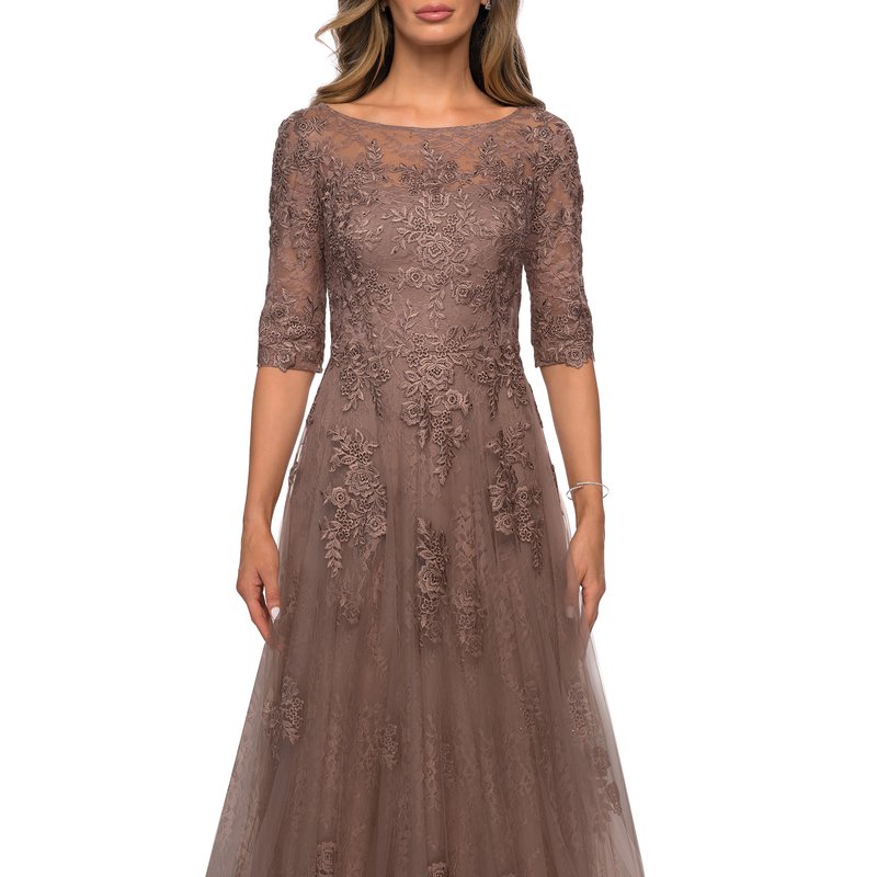 La Femme Lace And Tulle A-line Gown With Three Quarter Sleeves In Brown