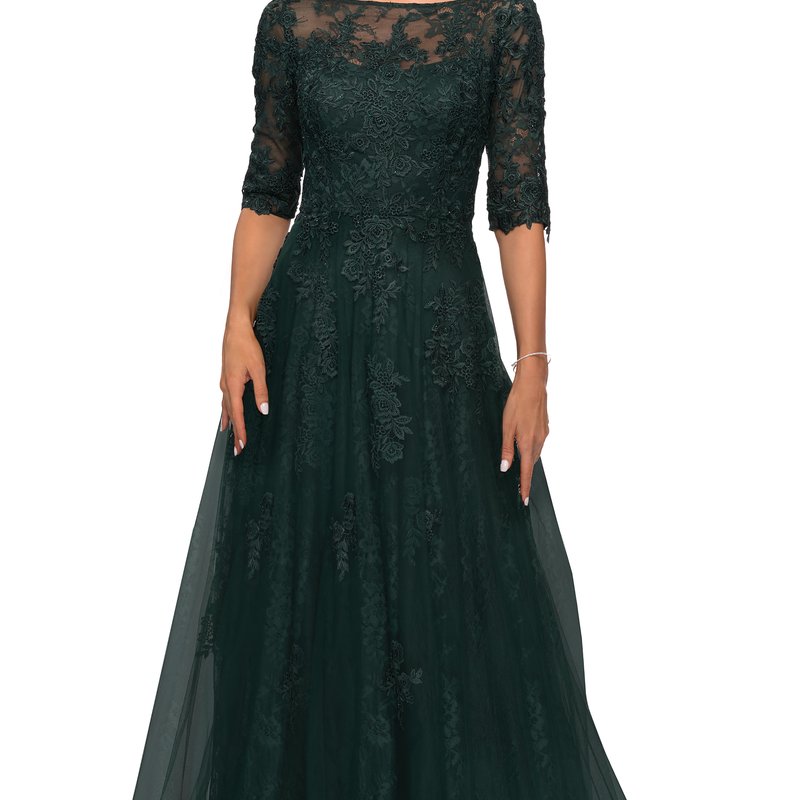 La Femme Lace And Tulle A-line Gown With Three Quarter Sleeves In Green