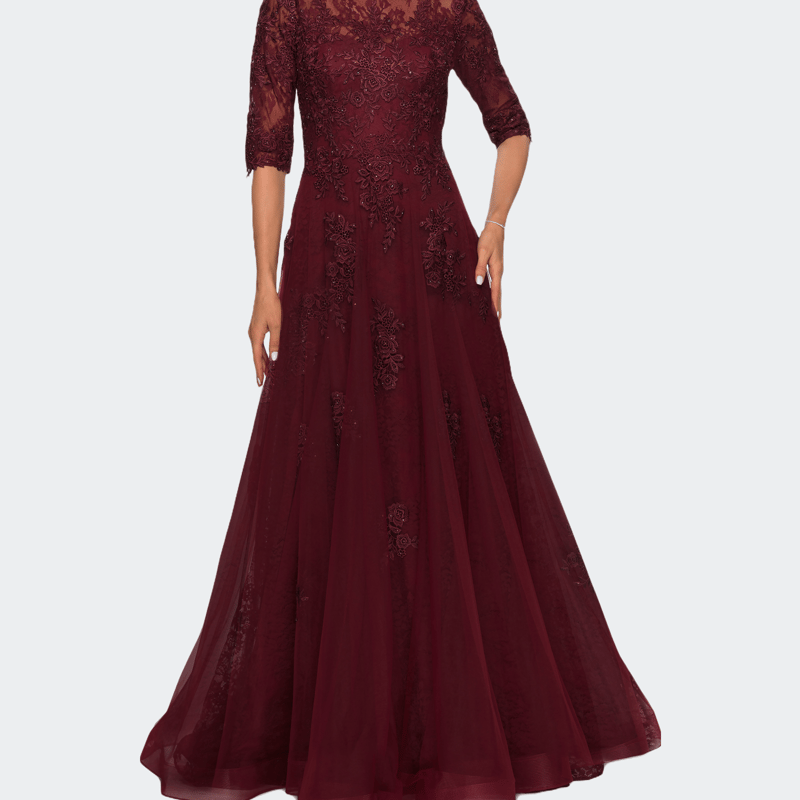 La Femme Lace And Tulle A-line Gown With Three Quarter Sleeves In Emerald