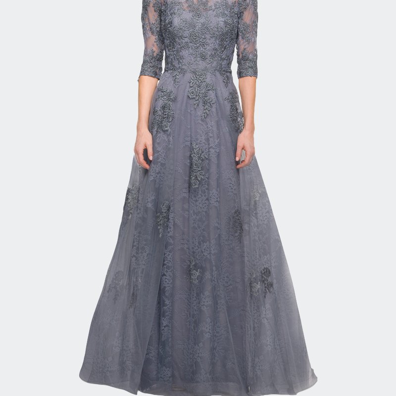 La Femme Lace And Tulle A-line Gown With Three Quarter Sleeves In Blue