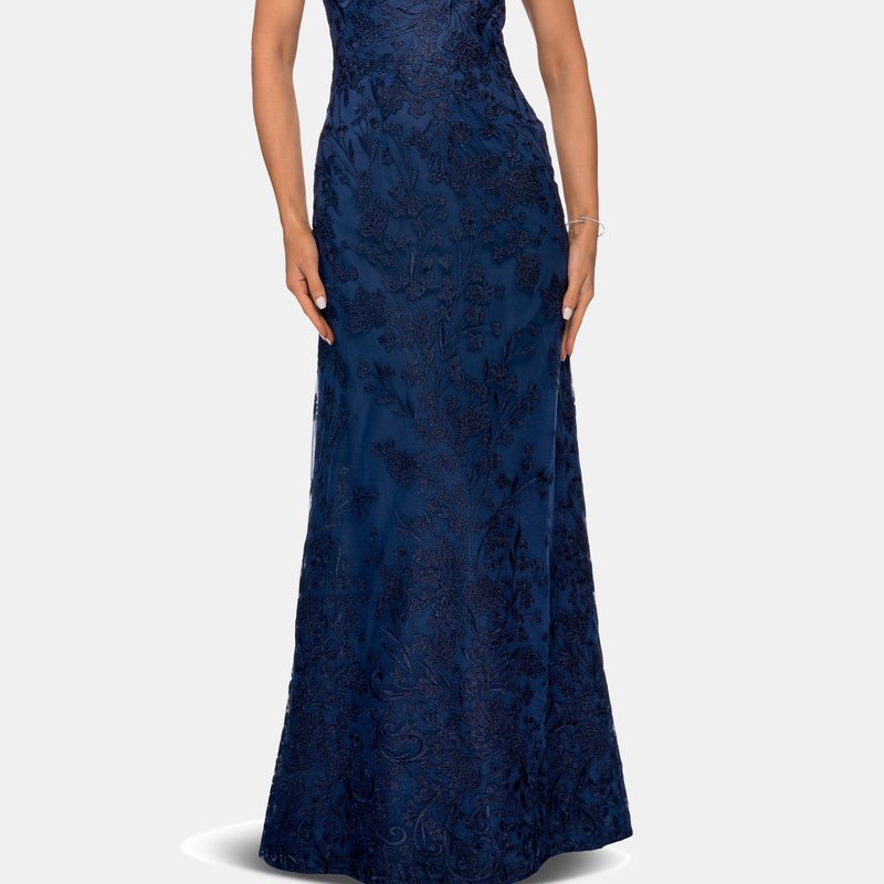 La Femme Lace Evening Gown With Cap Sleeves And V-neck In Blue