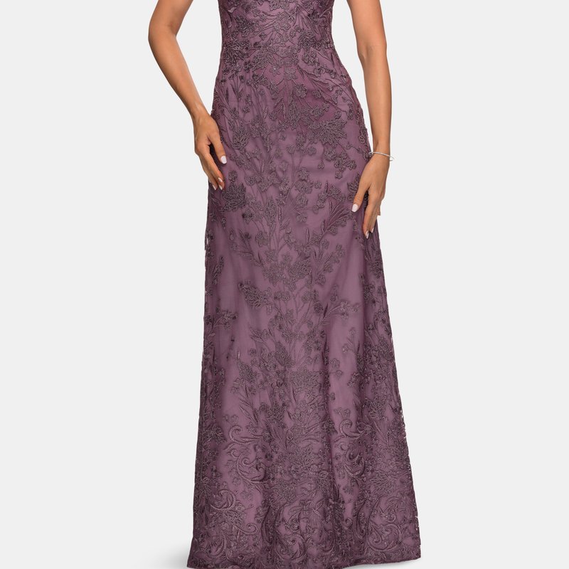 La Femme Lace Evening Gown With Cap Sleeves And V-neck In Purple