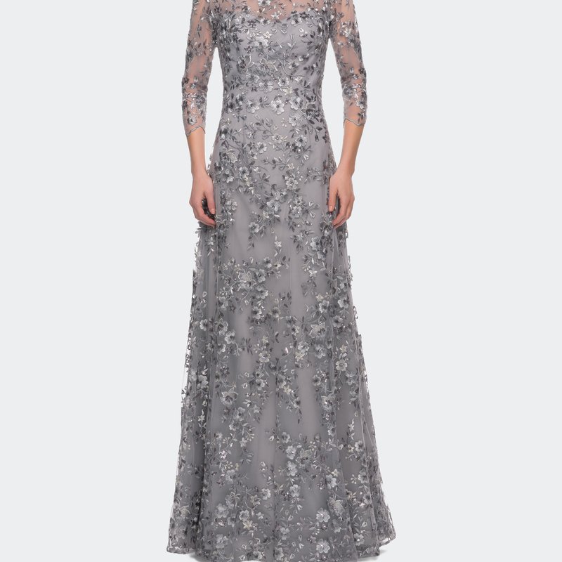 La Femme Lace Gown With Full Skirt And Sheer Lace Sleeves In Silver