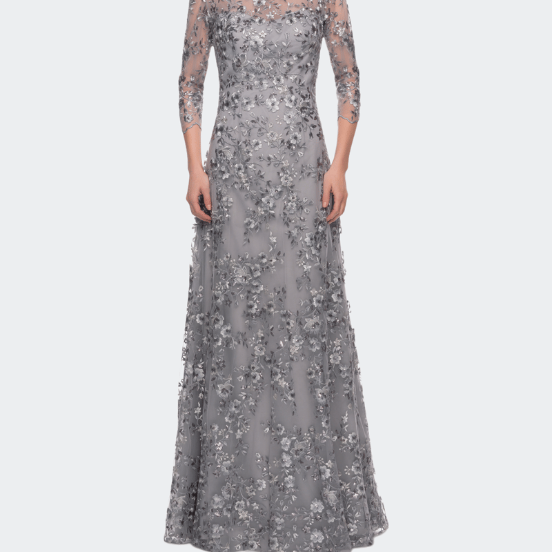 Shop La Femme Lace Gown With Full Skirt And Sheer Lace Sleeves In Grey