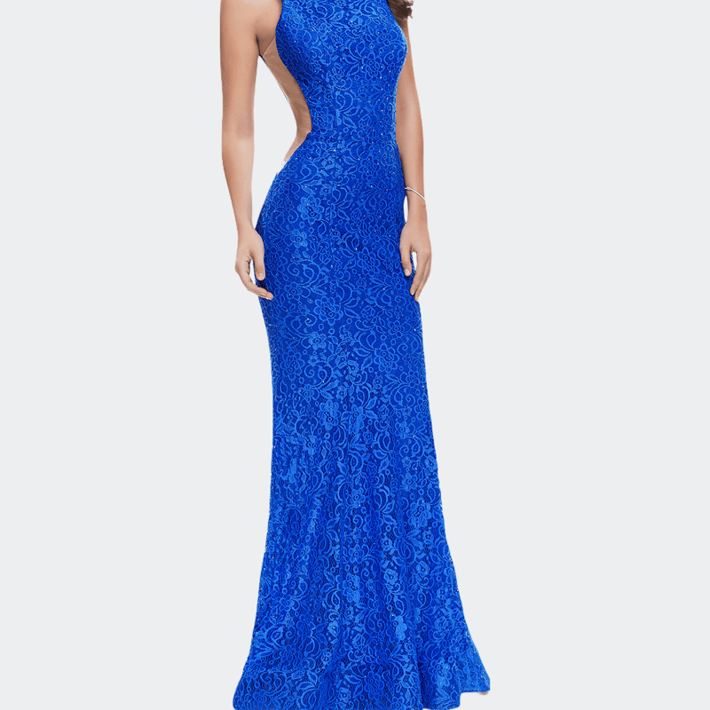 La Femme Lace Mermaid Dress With Sheer Sides And Low Back In Blue