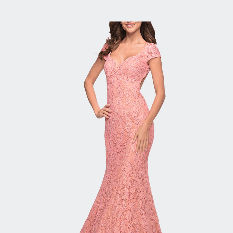 La Femme Lace Mermaid Gown With Cap Sleeves And Open Back In Orange