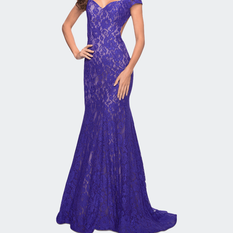 La Femme Lace Mermaid Gown With Cap Sleeves And Open Back In Blue