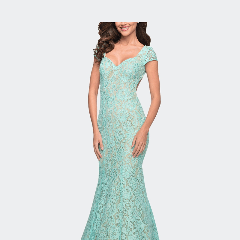 La Femme Lace Mermaid Gown With Cap Sleeves And Open Back In Green