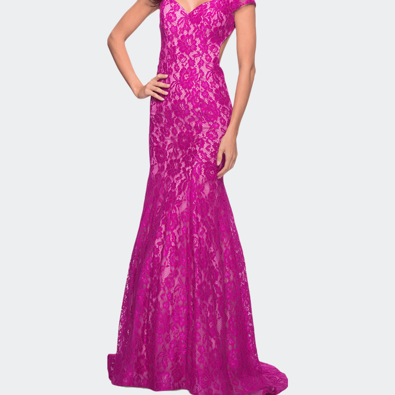 La Femme Lace Mermaid Gown With Cap Sleeves And Open Back In Pink
