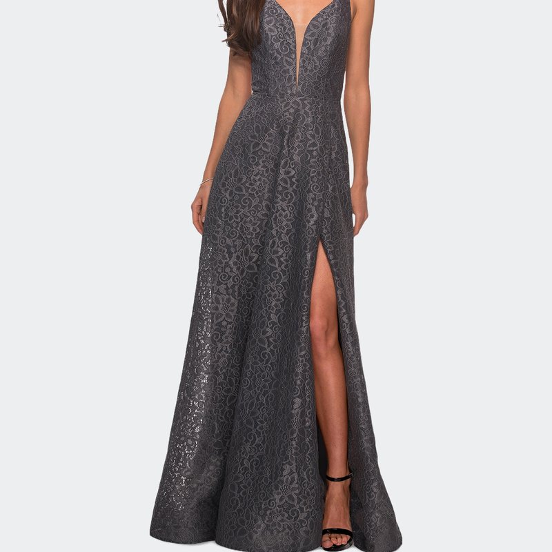 La Femme Lace Prom Dress With Illusion Neckline And Slit In Grey