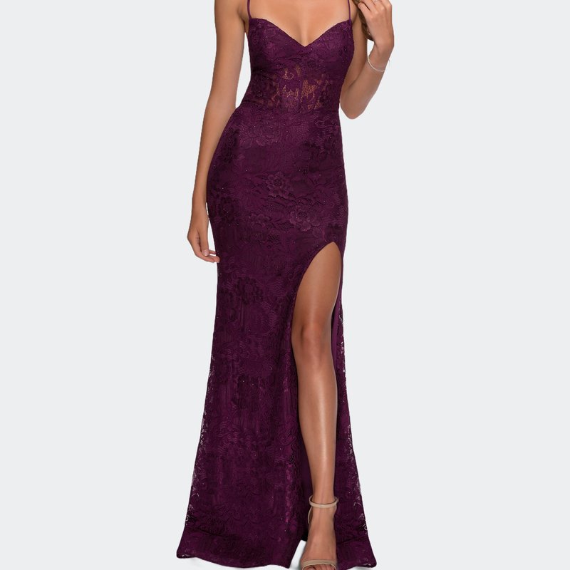 La Femme Lace Prom Gown With Sheer Bodice And Tie Up Back In Purple