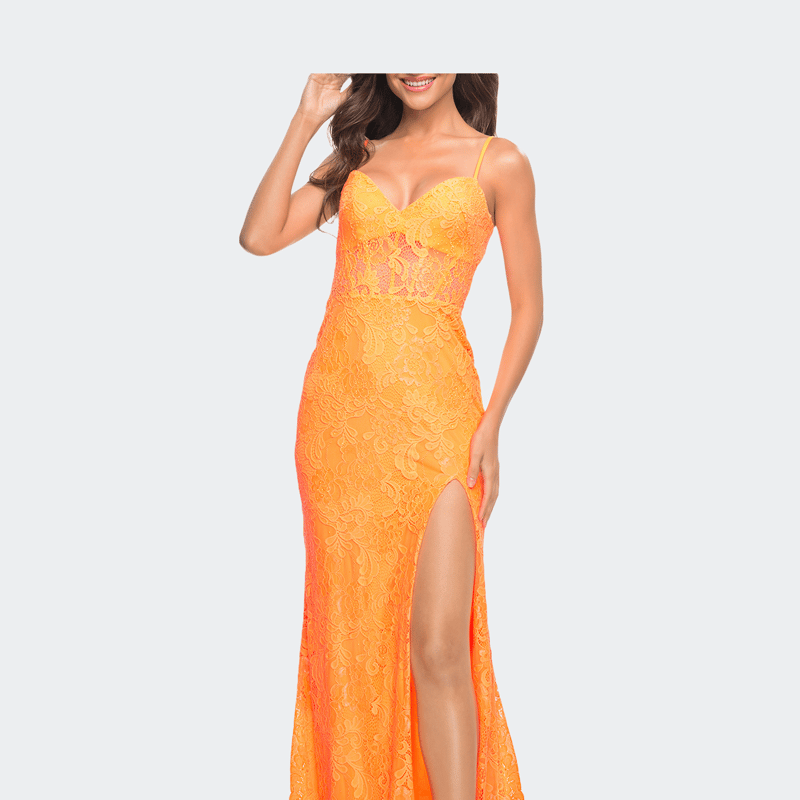 La Femme Sheer Bodice And Tie Up Back Lace Gown In Orange