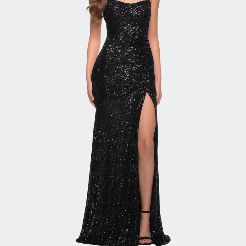 Shop La Femme Lace Up Back Sequin Gown With Flare Skirt In Black