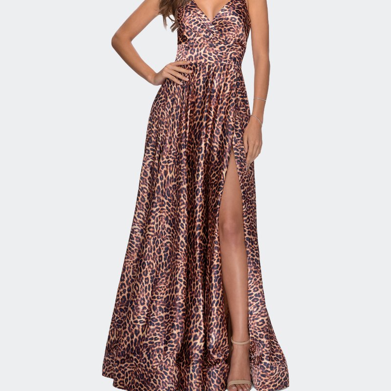 La Femme Leopard Print A-line Prom Gown With Tie Up Back In Brown